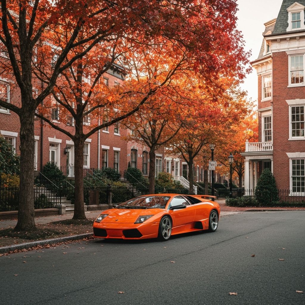 Luxury vehicle on Northeast tree-lined street